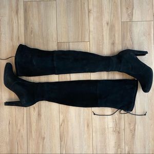 Stuart Weitzman OTK Black Suede Boots - 8.5 - Tie Closure